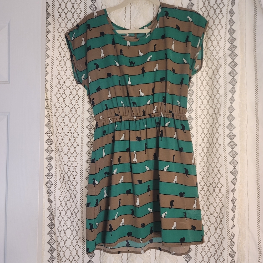 Green and Brown Cat Print Mini Dress